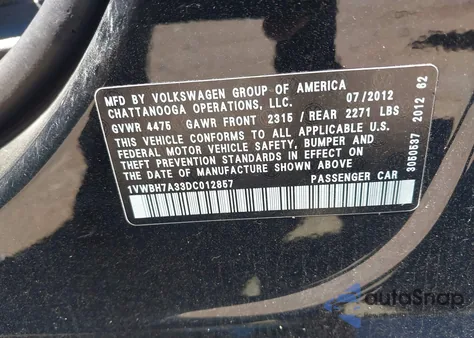 2013 Volkswagen Passat 2.5L Se from USA, damaged, VIN 1VWBH7A33DC012857